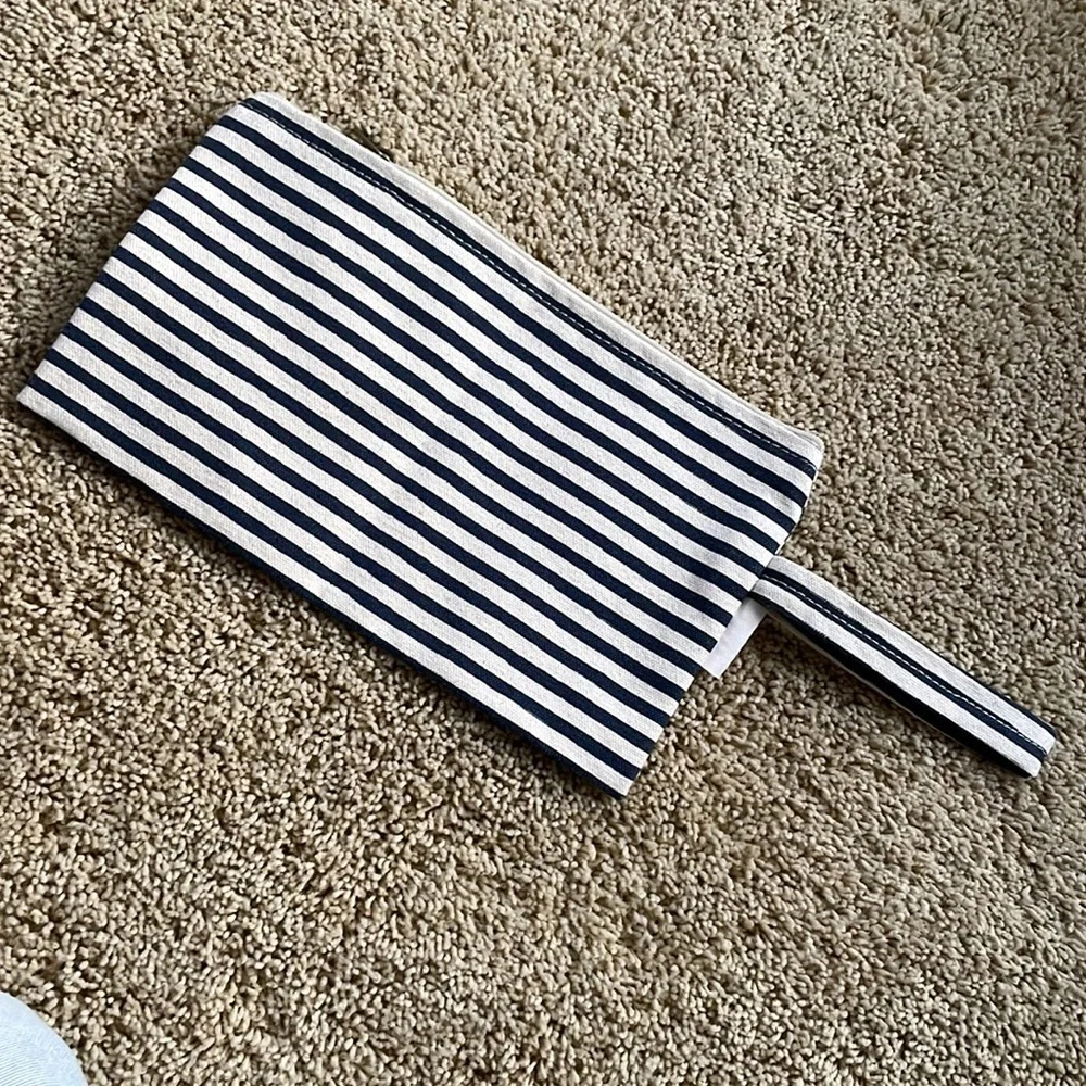 Navy and White Striped Wristlet Pouch with Cat Motif
